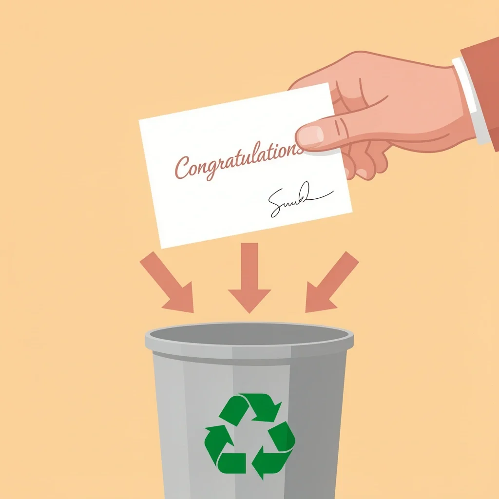 Letting Go of Generic Wedding Cards Hand dropping generic congratulations card into recycling bin