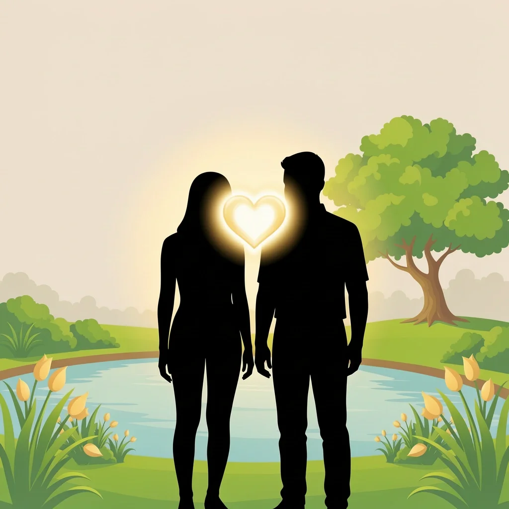 Genesis Design Marriage Companionship Silhouettes Male and female silhouettes standing side by side with a glowing light between them, set against a garden background, symbolizing the Genesis design of marriage for companionship and complementarity