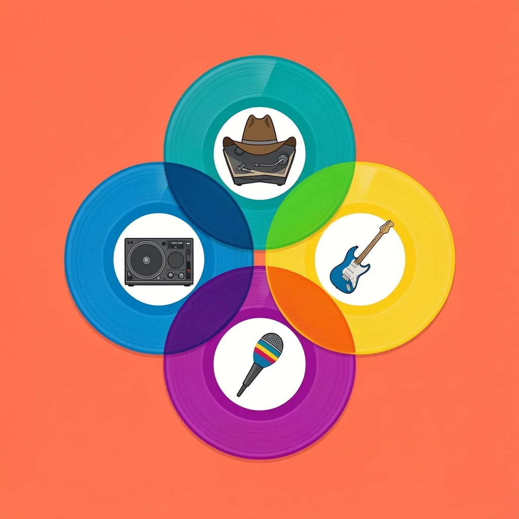 Genre Breakdown of Most Played Wedding Songs 2D illustration of overlapping vinyl records with genre icons representing the most played wedding songs by genre