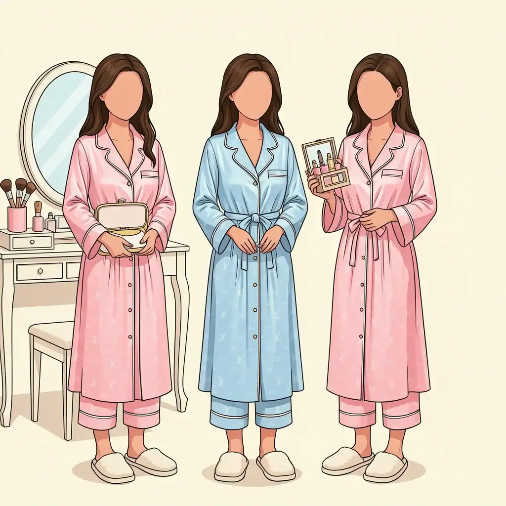 Getting Ready Bridesmaid Gifts Bridesmaids in silk robes and pajamas with beauty kit and slippers getting ready