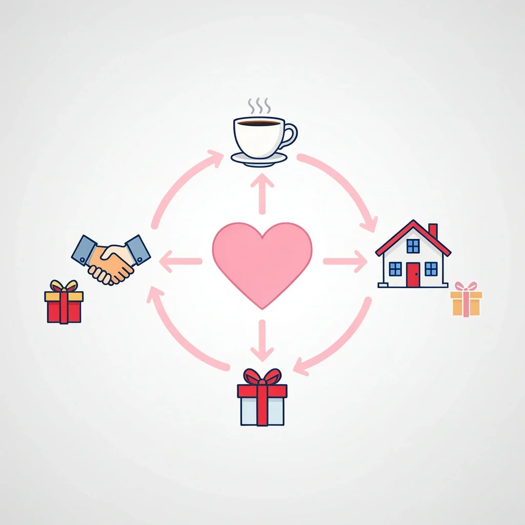 A heart icon connected to three relationship icons (handshake, coffee cup, house) each leading to a gift box, visualizing gift ideas by relationship after baby loss.