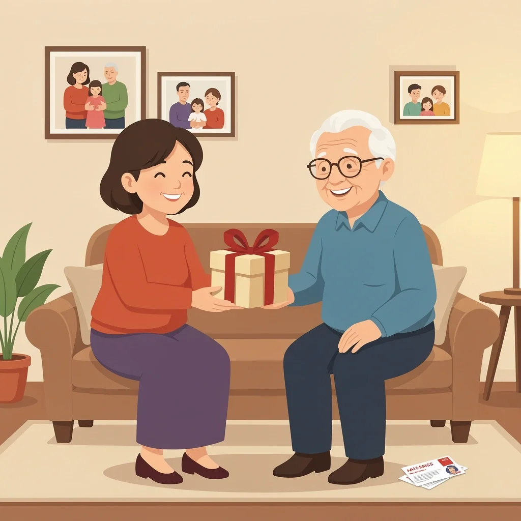 Adult child giving a wrapped gift to elderly parents for 60th anniversary