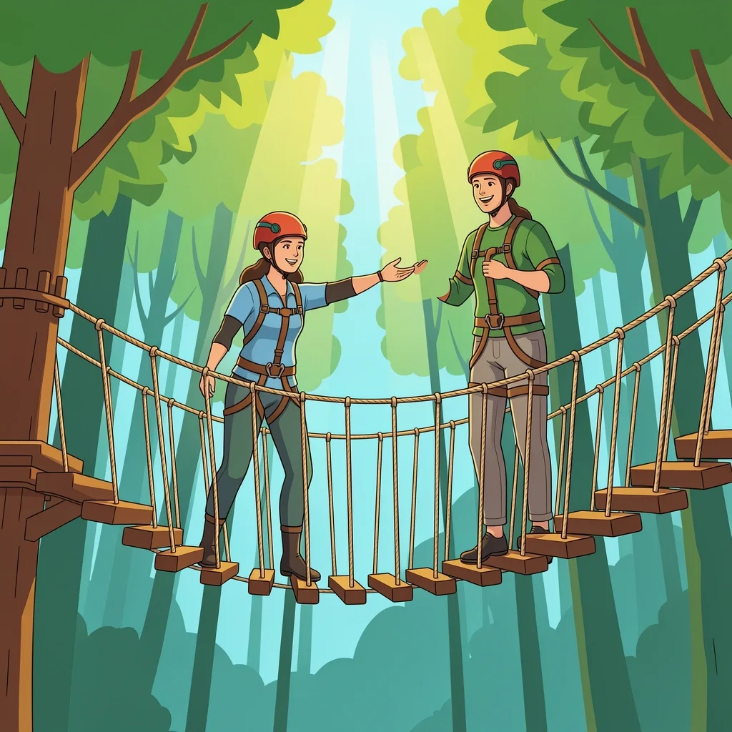 Go Ape Treetop Adventure Couple Crossing Rope Bridge A couple in helmets and harnesses crossing a rope bridge high in the trees at Eagle Creek Park in Indianapolis