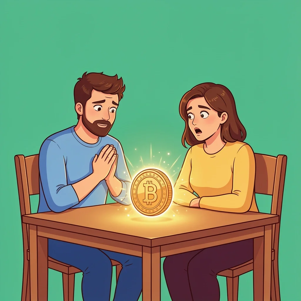 Unlikely Provision in Marriage A couple at a table with a glowing coin appearing before them, symbolizing unexpected financial provision from God.