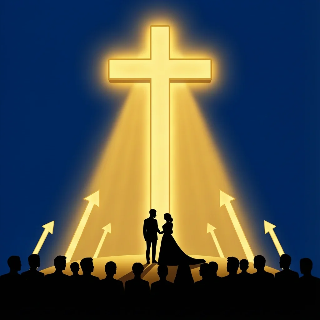 Gospel Drama Marriage Prophetic Act Vector Silhouette of a bride and groom on a stage facing a large glowing cross, with arrows pointing upward, symbolizing marriage as a prophetic act of the gospel