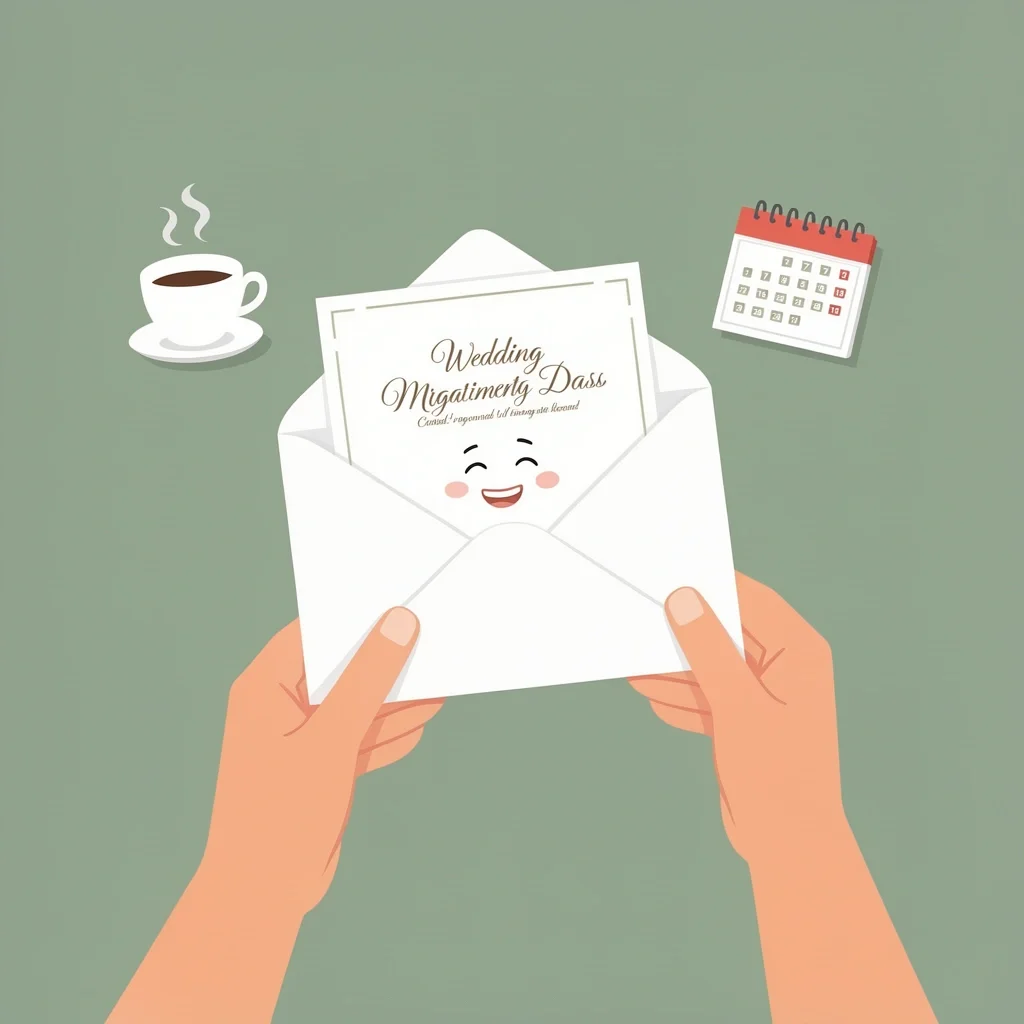 Soft Cuts Graceful Wedding Etiquette Person holding a wedding announcement envelope with coffee cup icon symbolizing future celebration
