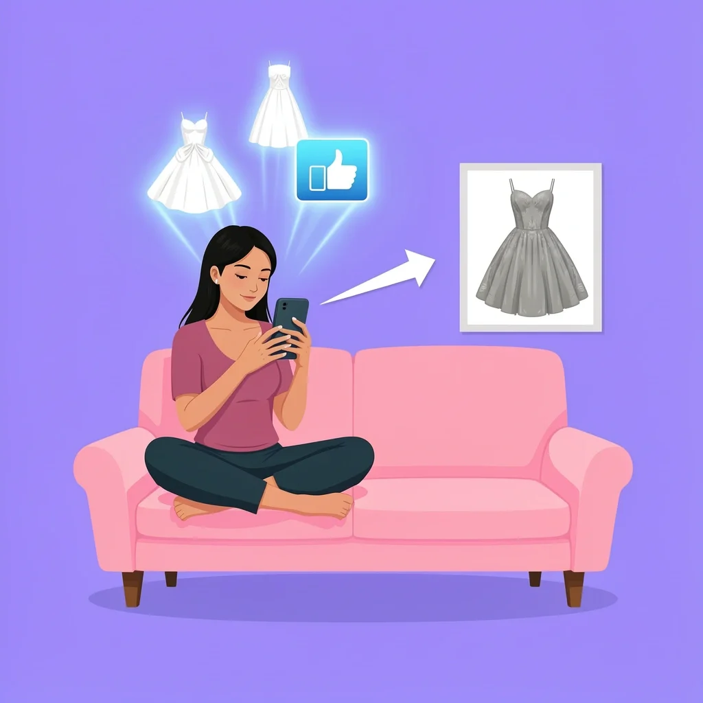 Woman on phone comparing social media wedding dresses to her own faded dress