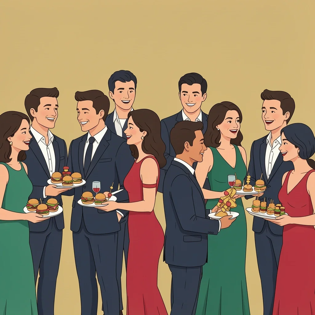 Guests mingling and enjoying one-bite appetizers at a standing cocktail reception, representing the Grazer's Feast menu style