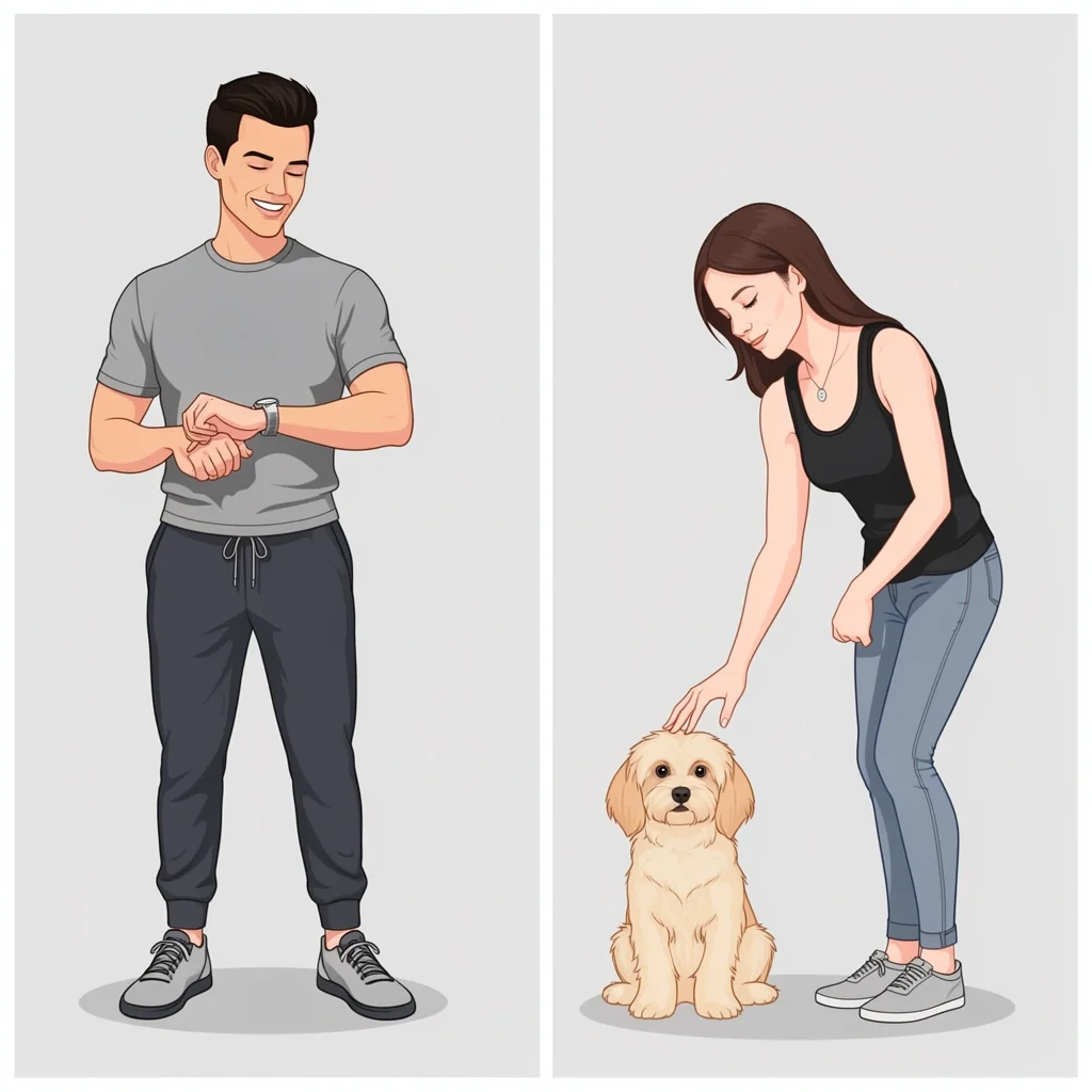 Groom and Dog Wedding Morning Split illustration of groom adjusting his watch and woman petting a calm dog on wedding morning