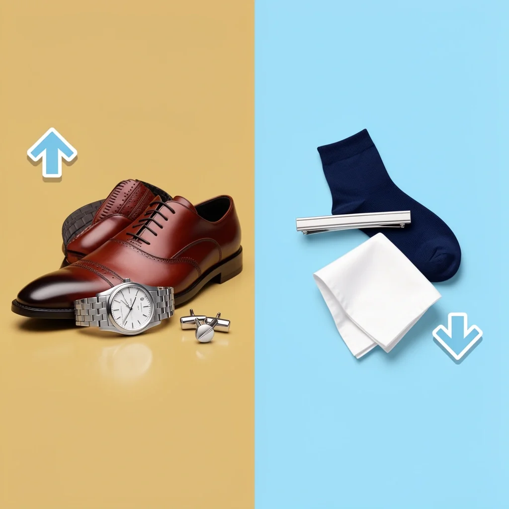 Groom Accessory Budget Allocation Guide A split visual of groom accessories: shoes, watch, and cuff links on the spend side; socks, tie bar, and pocket square on the save side.