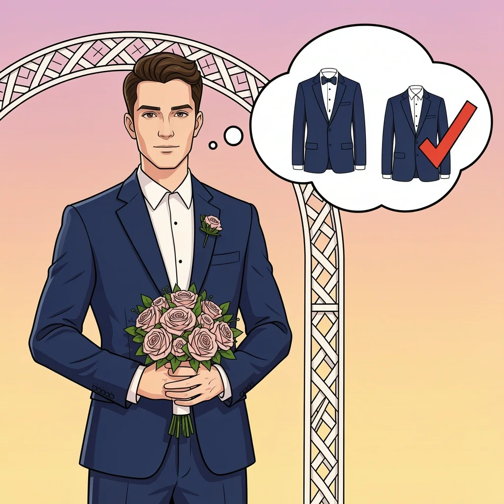 Groom Suit vs Tuxedo Choice Groom in a navy suit with peak lapels, standing by a wedding arch, with a thought bubble showing suit and tuxedo choices.