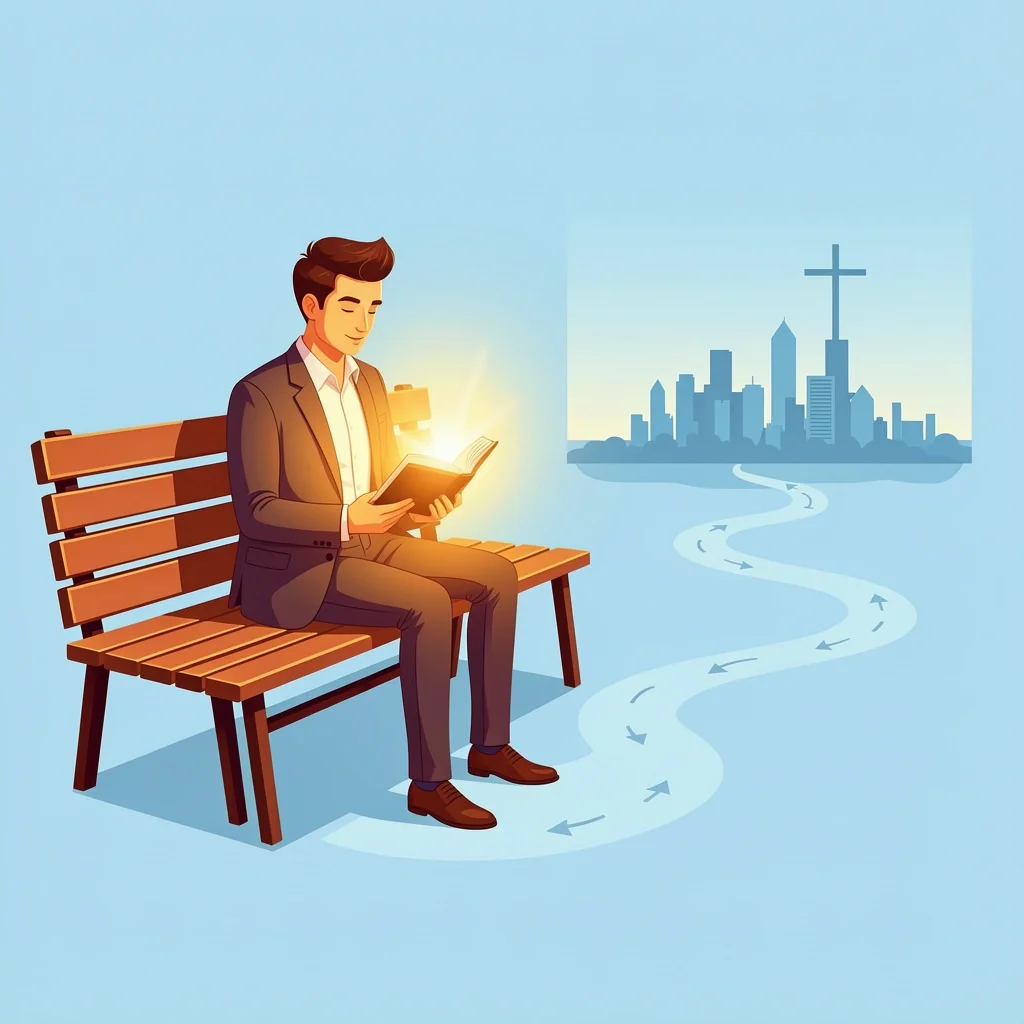 Groom reading a devotional book in a park with a visual path from chaos to calm, representing spiritual preparation for marriage