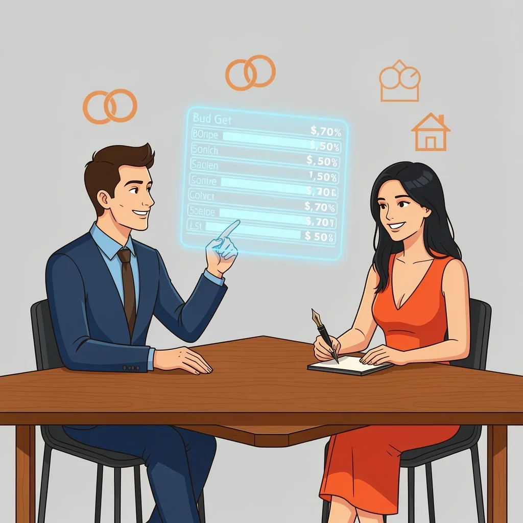 Groom and bride reviewing a glowing budget chart for wedding expenses