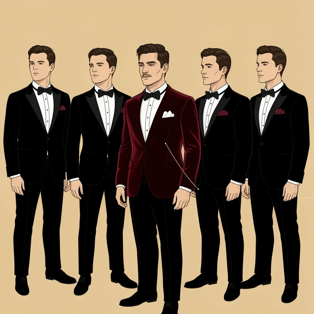 Coordinated Groom and Groomsmen Tuxedos Groom in a burgundy velvet jacket surrounded by groomsmen in classic black tuxedos, all with matching pocket squares, showing coordinated wedding party styling.