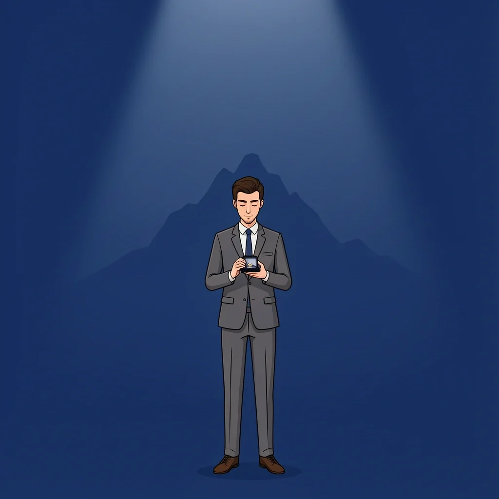 Groom devotional with ring box A groom in a suit stands alone, holding a ring box with a mountain silhouette behind him