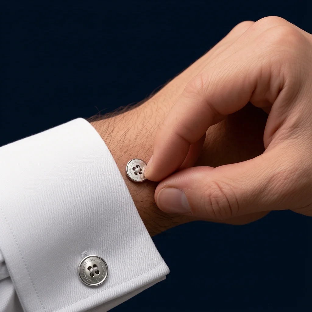 Inserting Cuff Link into French Cuff Shirt A groom's hand inserting a silver engraved cuff link into the buttonhole of a French cuff shirt sleeve.