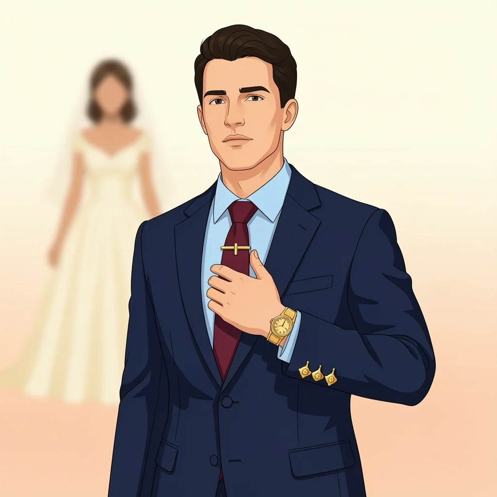Groom Accessory Coordination with Bride A groom in a navy suit with a burgundy tie, gold watch, gold tie bar, and gold cuff links, with a blurred bride silhouette in the background.