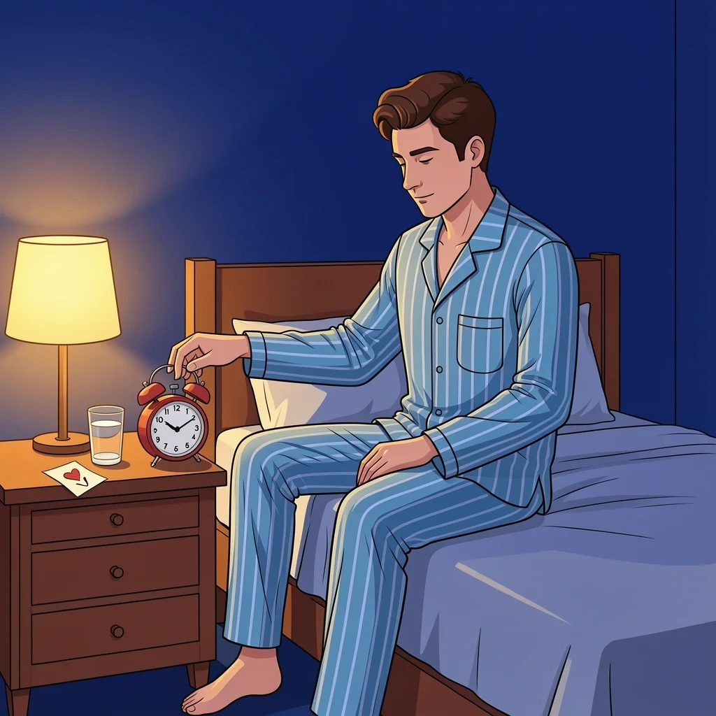 Groom setting an alarm clock with water and a heart note on the nightstand