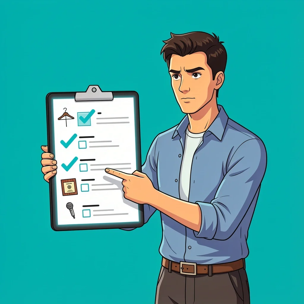 Groom pointing at a digital checklist with wedding planning icons