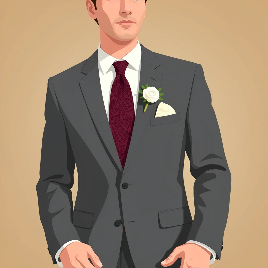 Groom Style Amplifiers Tie Pocket Square Boutonniere A groom in a gray suit with a burgundy tie, cream pocket square, and a white rose boutonniere on the lapel.