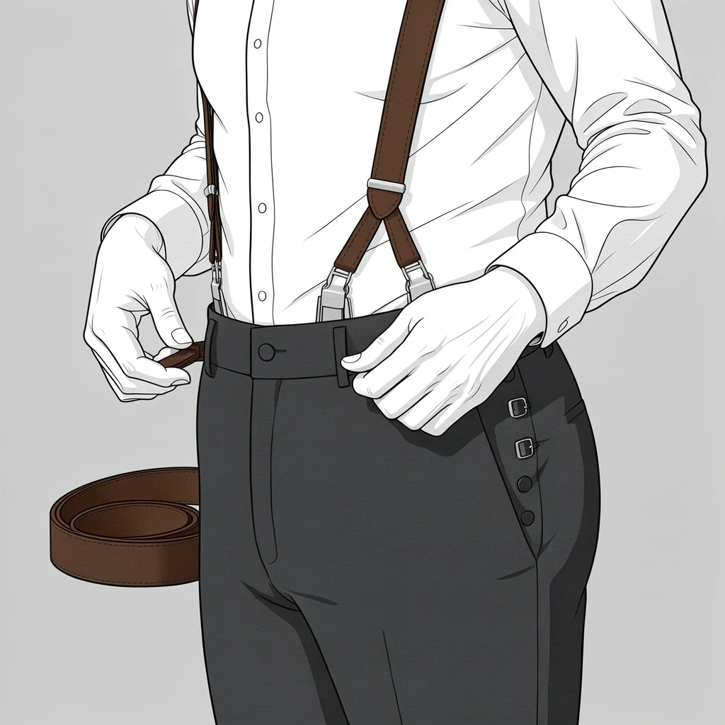 Groom Suspenders vs Belt Accessory Decision A groom's hands adjusting a brown leather suspender onto dark trousers with a rolled belt next to it.