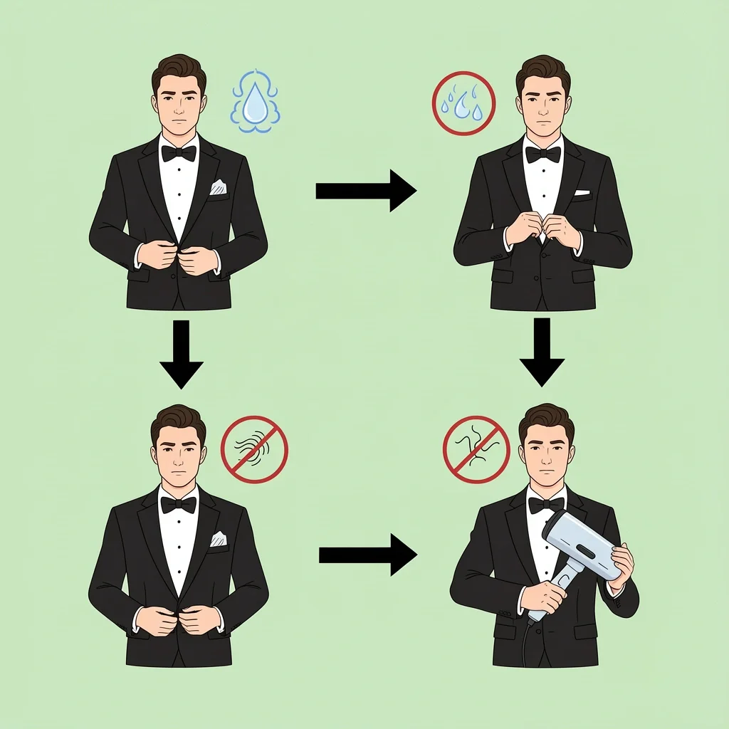 Groom Tuxedo Preparation Tips Step-by-step preparation tips for groom wearing tuxedo at outdoor wedding including undershirt and steamer