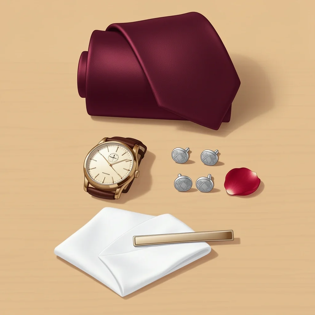 Essential wedding accessories for a groom including a silk tie, silver cuff links, a leather watch, a pocket square, and a tie bar on a wooden surface.
