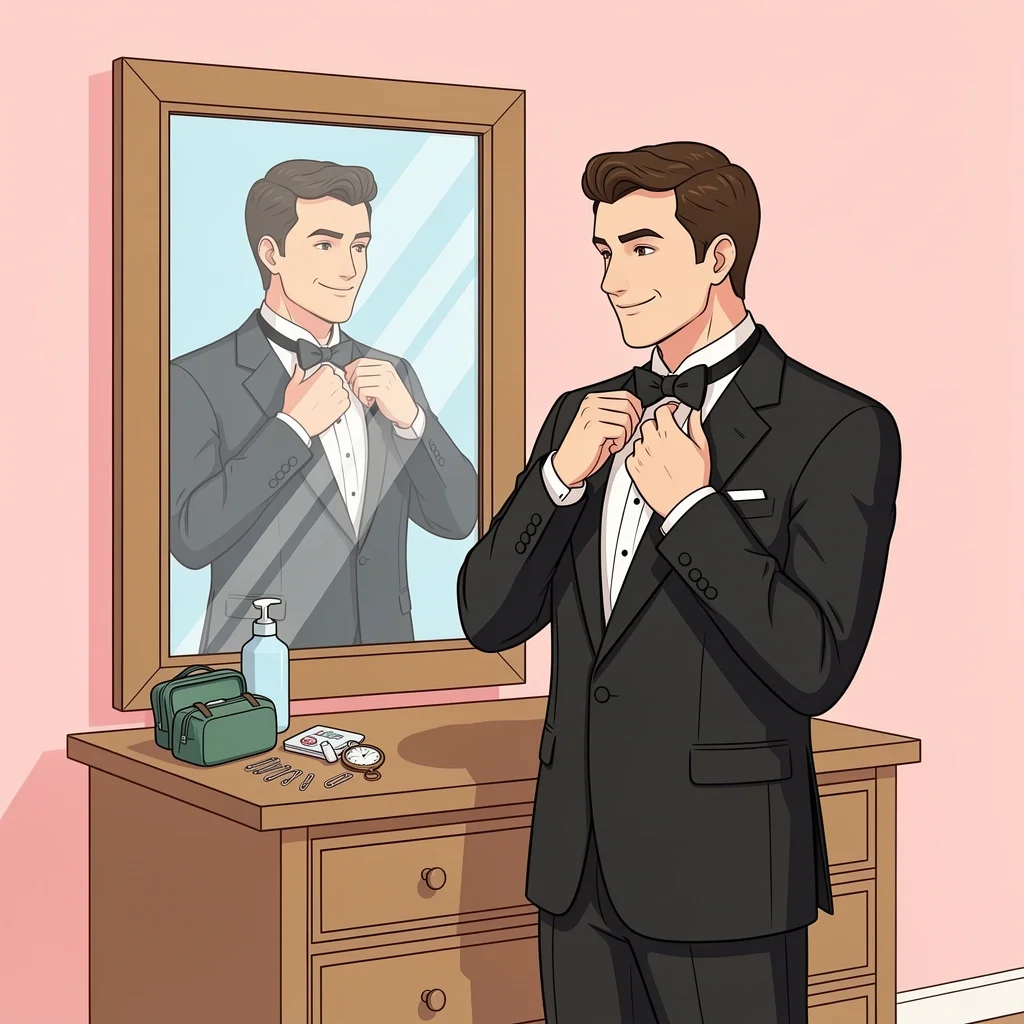 Groom adjusting bow tie in mirror with emergency kit and watch on dresser
