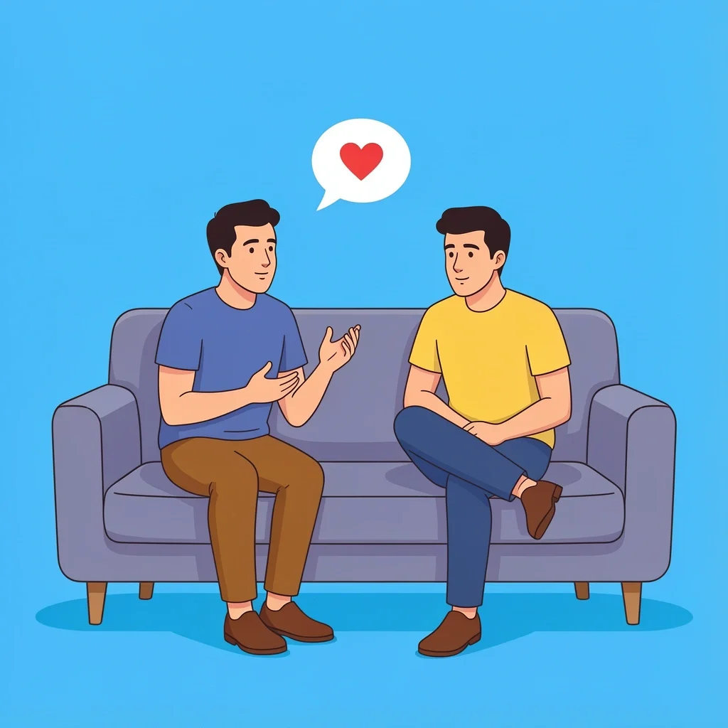 Emotional Support for Groom Two men on a sofa with one listening attentively and a heart speech bubble