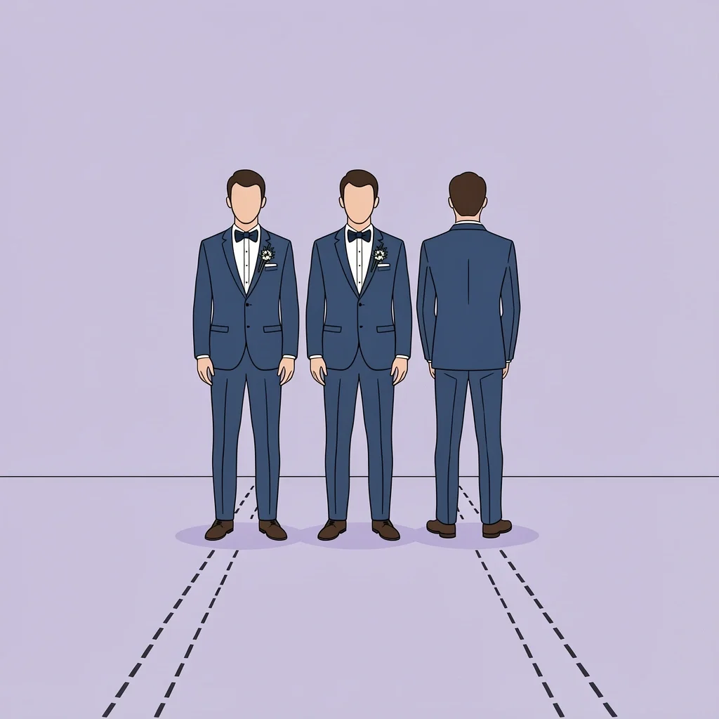Proper Ceremony Posture for Groomsmen Groomsmen standing in precise posture at the altar during wedding ceremony with processional path marked on floor