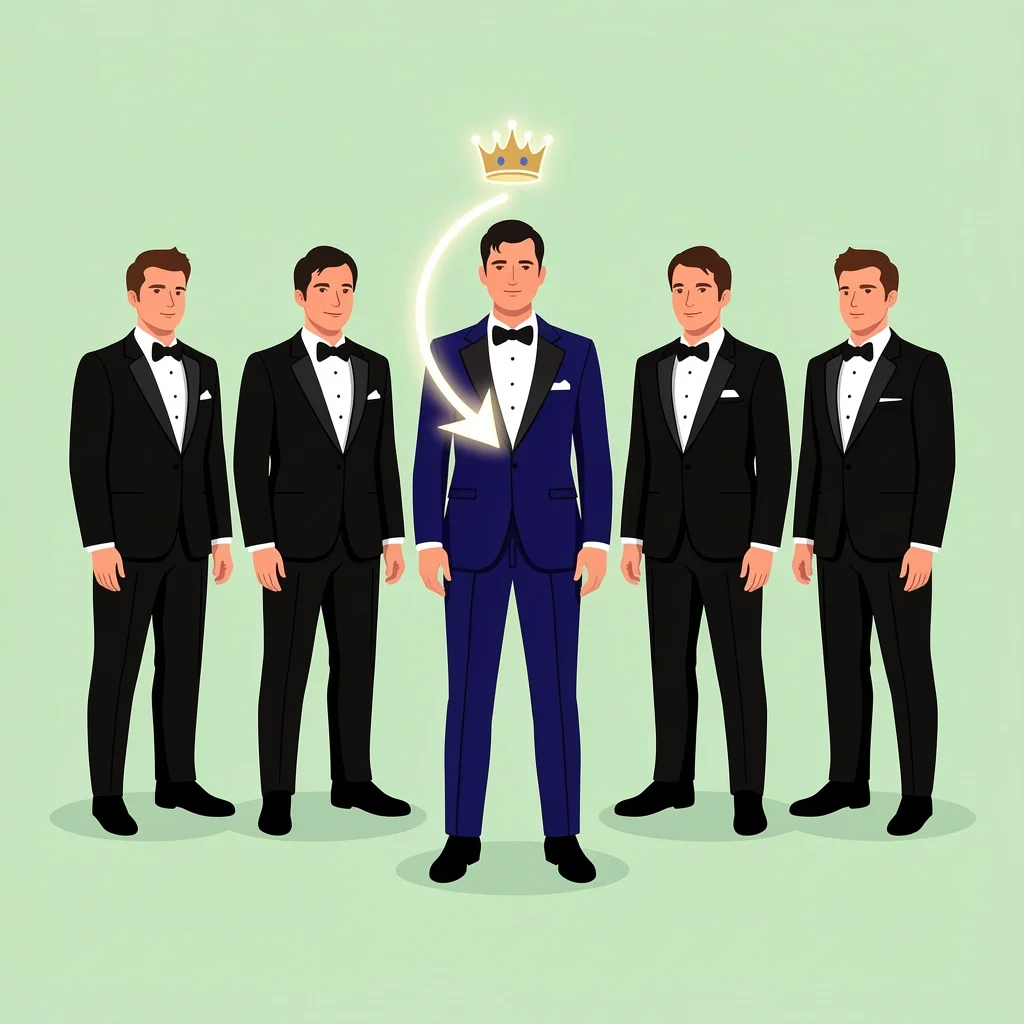 Groom in distinct peak lapel tuxedo surrounded by groomsmen in matching shawl lapel tuxedos, illustrating visual hierarchy