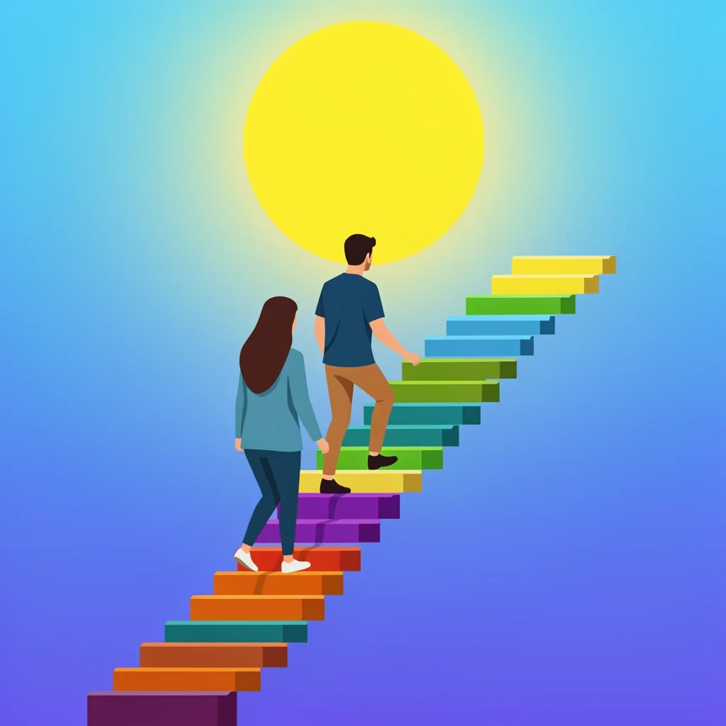 Couple climbing a colorful staircase toward a bright sun symbolizing growth after honeymoon phase