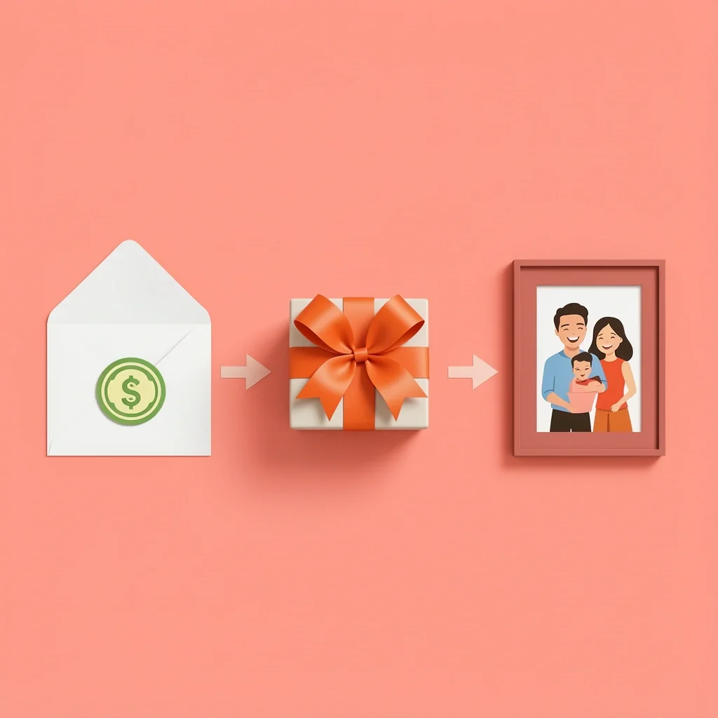 Cash envelope, charity box, and framed photo as gift ideas for a wedding without a registry
