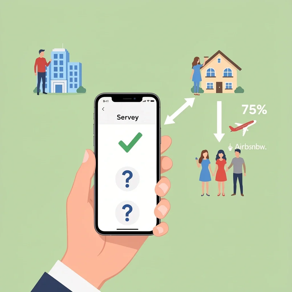 Wedding Guest Accommodation Survey Illustration of a smartphone survey for guest accommodation preferences with hotel, family, and Airbnb icons