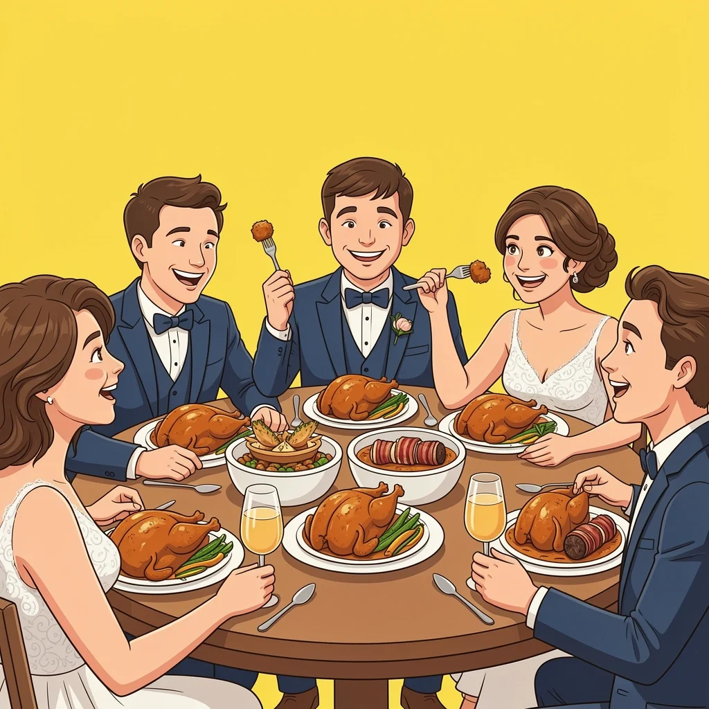 Wedding guests happily eating familiar comfort foods like chicken and vegetables at a table, with one unique appetizer