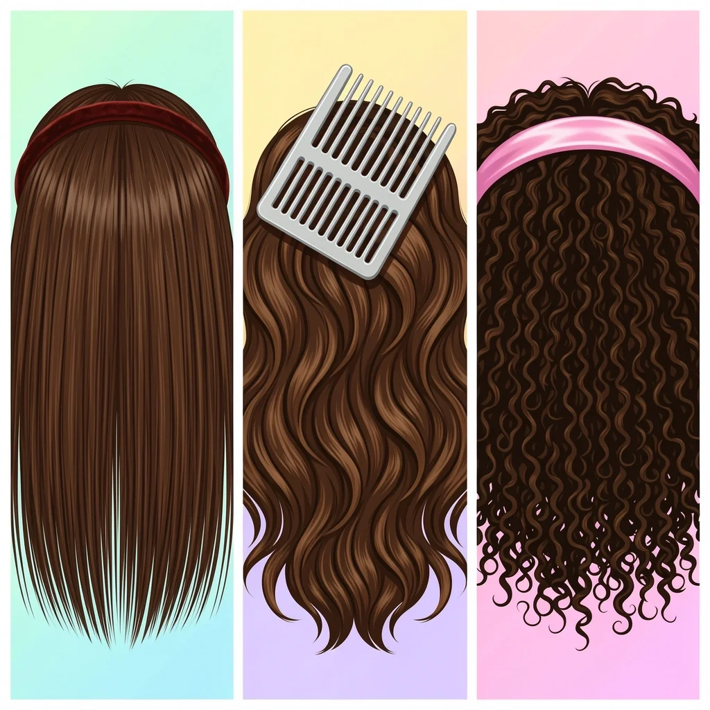 Matching Accessories to Hair Texture Three hair textures: fine straight with velvet headband, thick wavy with wide-tooth comb, curly coily with satin headband