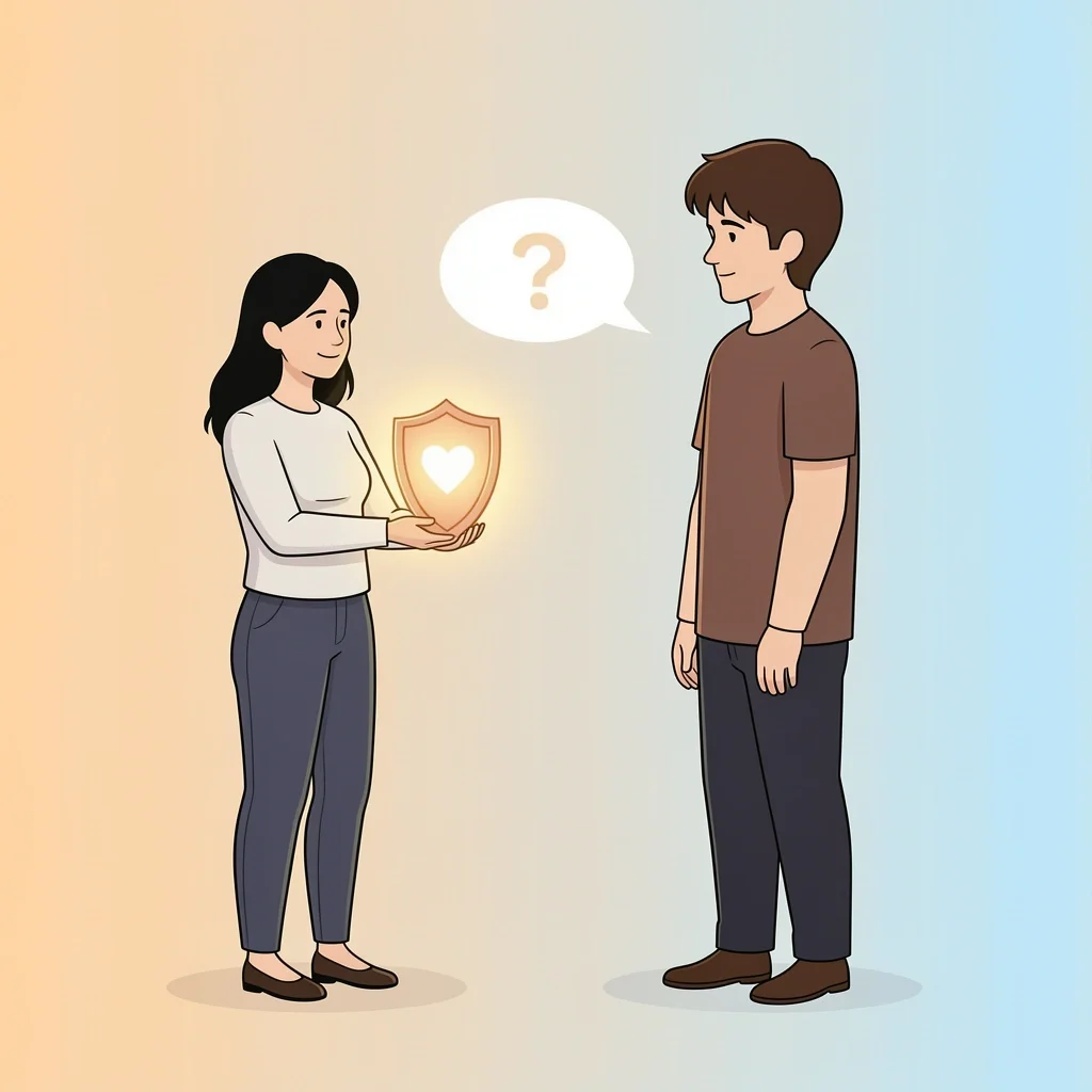 Couple calmly holding a boundary shield while speaking to a relative about the small wedding