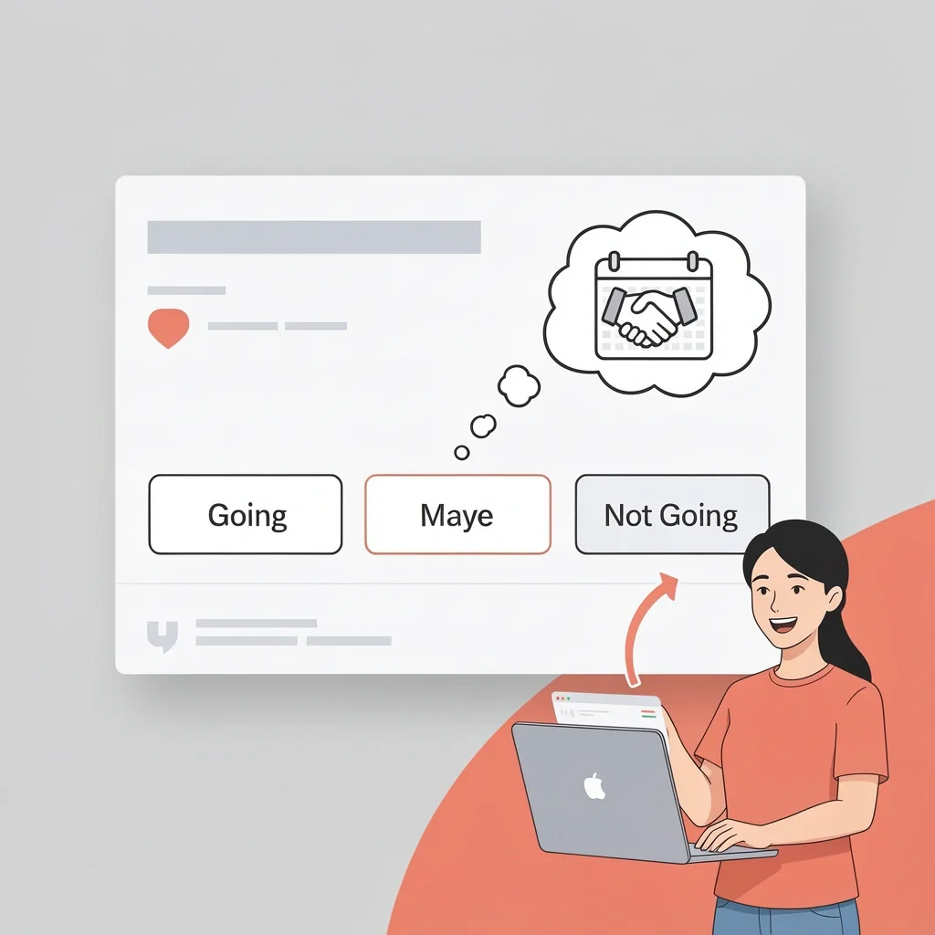 Manage Maybe RSVPs Facebook event page with Maybe button highlighted, a thought bubble with handshake and calendar, and a person sending a private message
