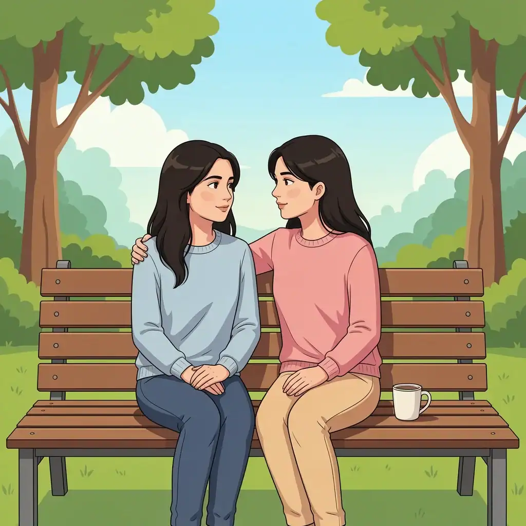 Graceful Decline Acceptance Two women comforting each other on a park bench, representing handling a no answer gracefully, 2D illustration