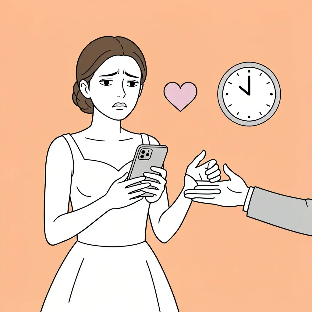 Handling Bridesmaid Phone Pushback Vector illustration of a bridesmaid hesitating to hand over her phone, with a handler gently asking for it.