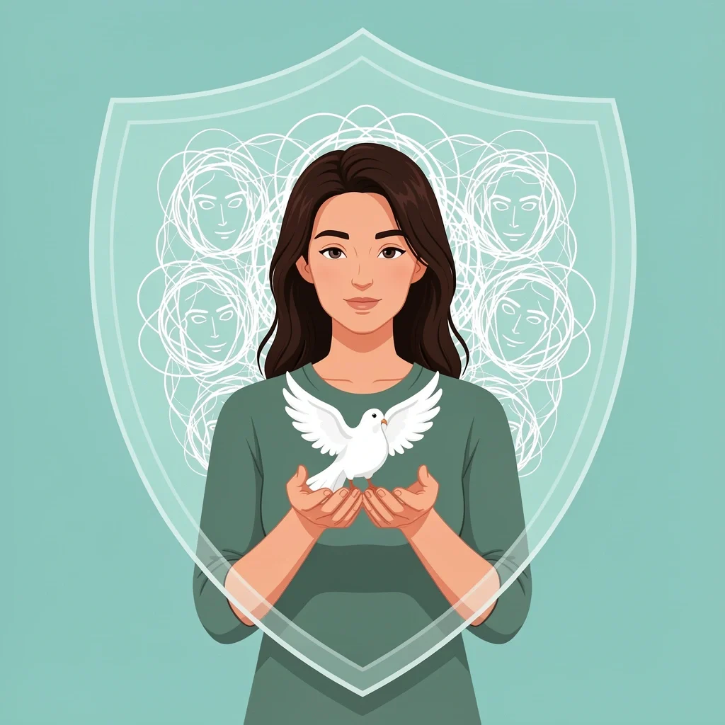 Woman holding a peace dove with chaotic background behind a shield symbolizing calm peacekeeping