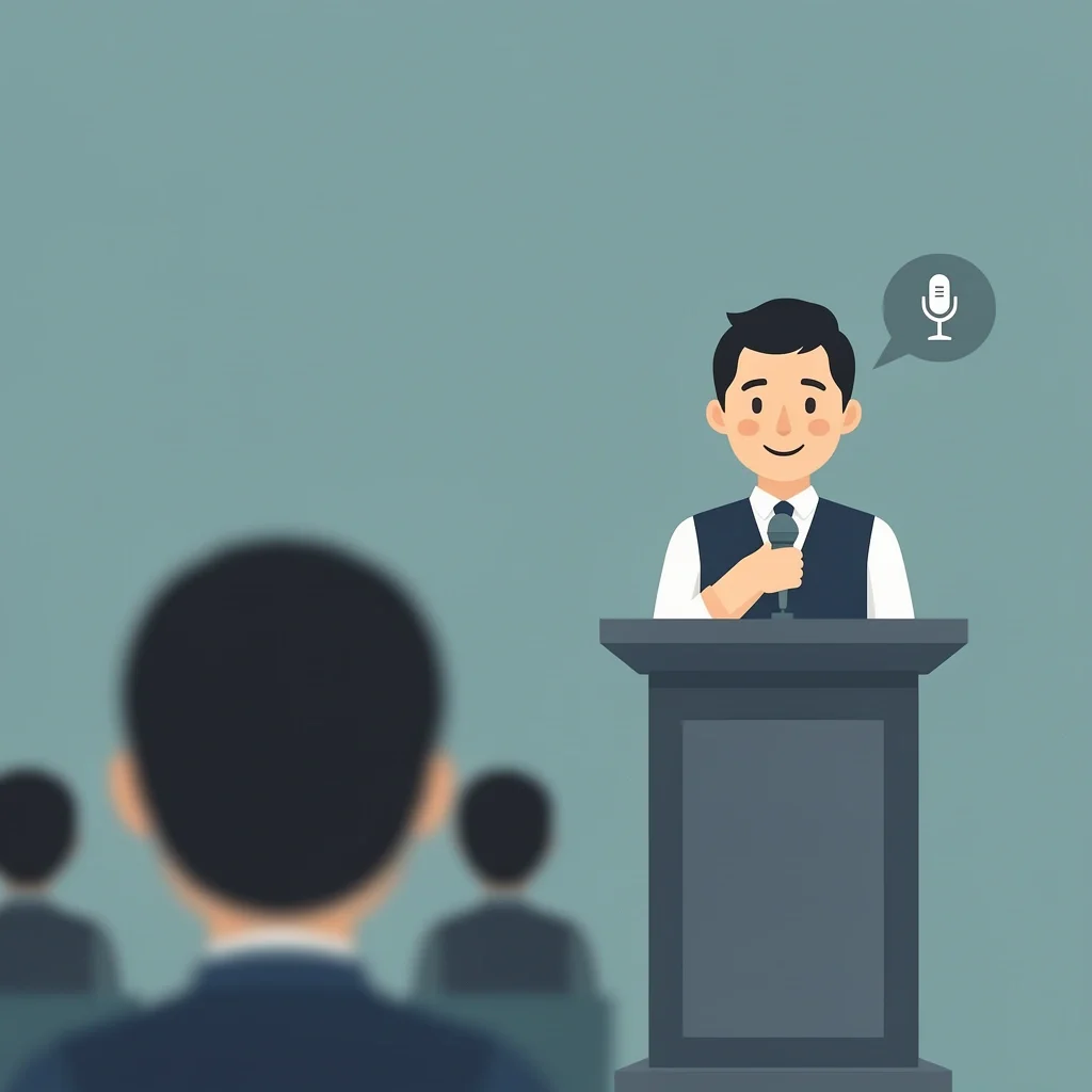 Speaker smiling at podium while a heckler's speech bubble appears from audience, champagne glass icon