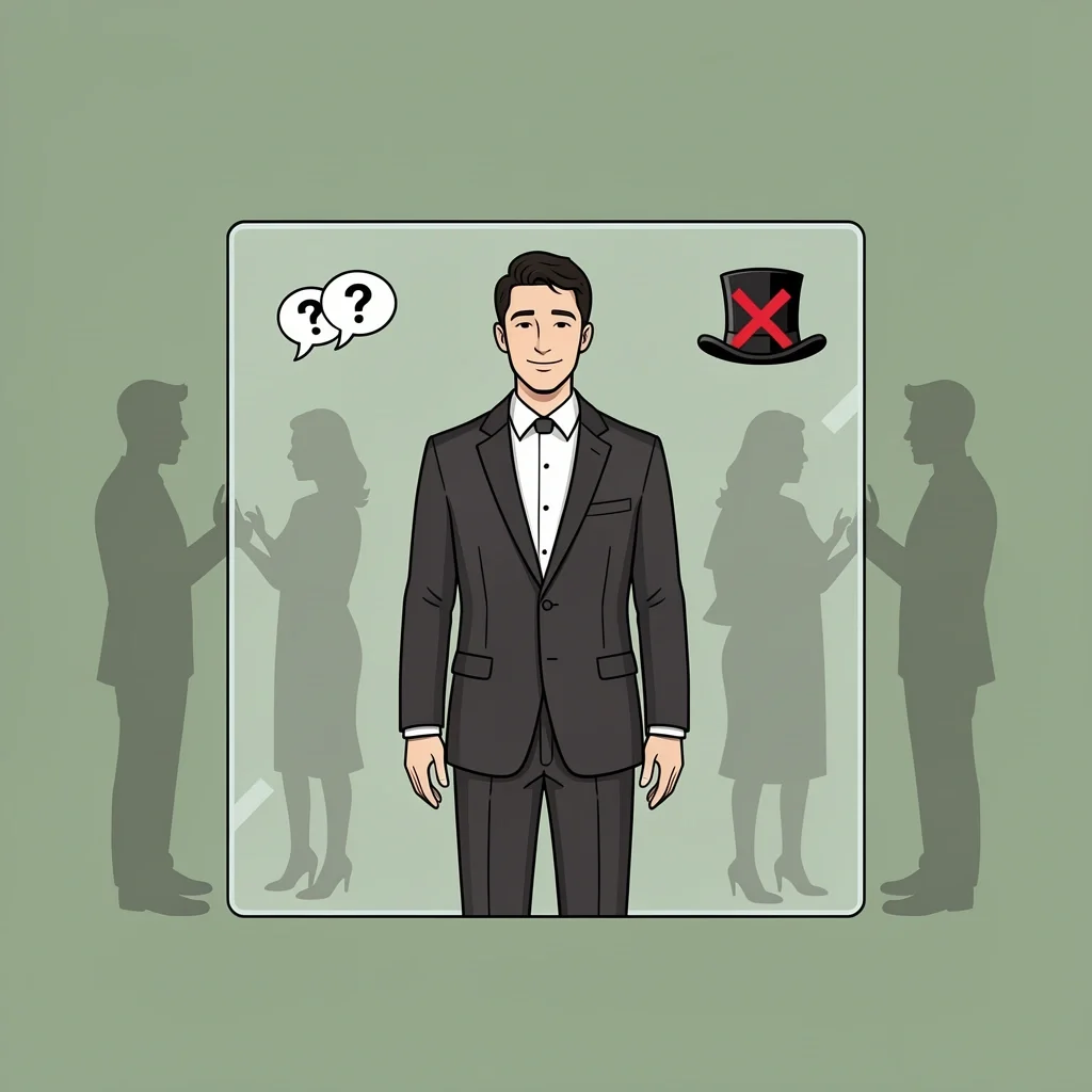 Navigating Family Questions About No Best Man Groom behind a shield with a 'no' sign over a top hat, calm while facing silhouettes of family, representing handling social questions