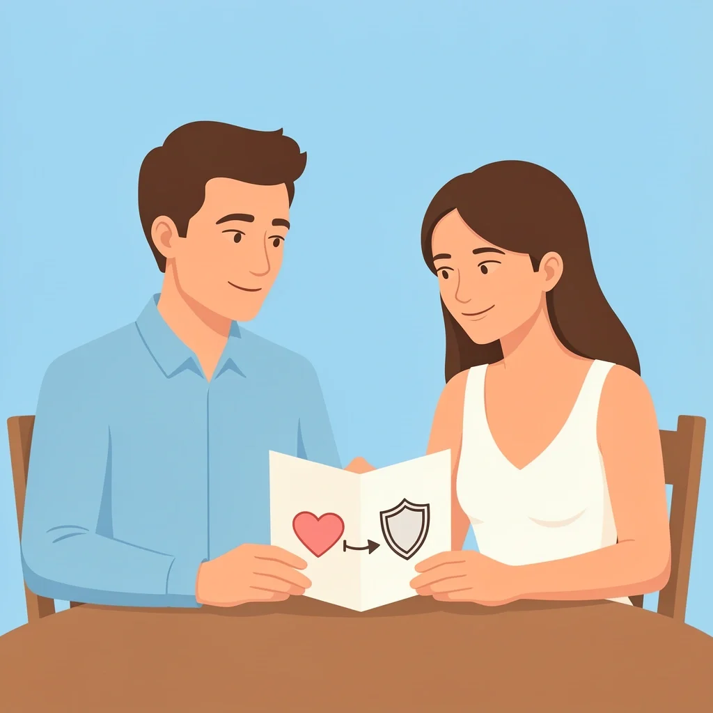 A couple sitting at a table discussing a diagram of a heart and shield, representing protection and connection in healthy married boundaries.