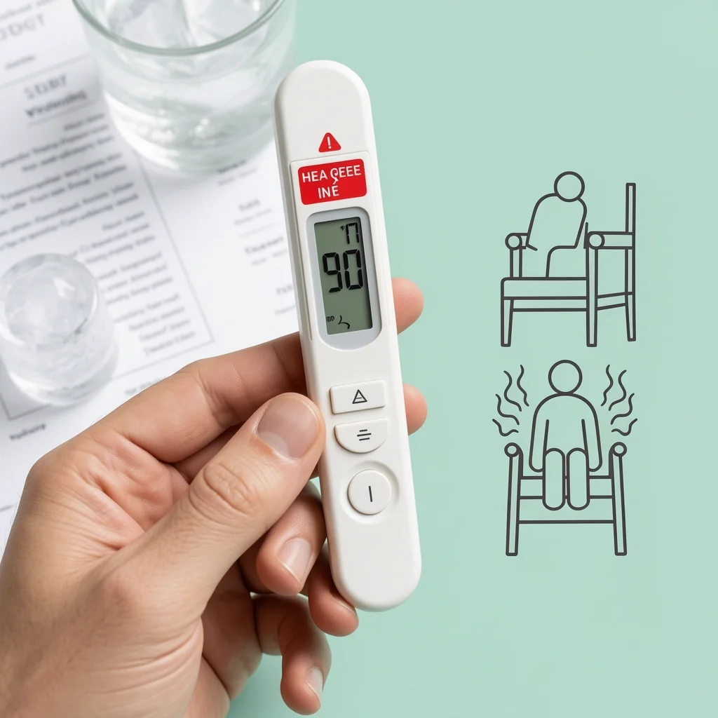 90°F Heat Index Threshold for Wedding Safety Digital thermometer showing 90°F heat index with wedding program and ice water, indicating unsafe heat for outdoor ceremony.