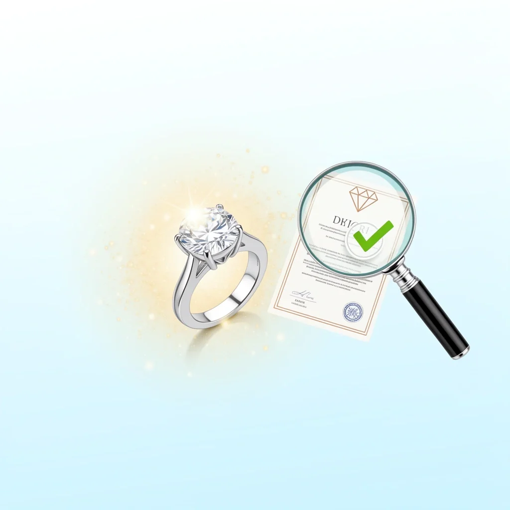 Diamond engagement ring with magnifying glass and certificate icon on blue gradient background