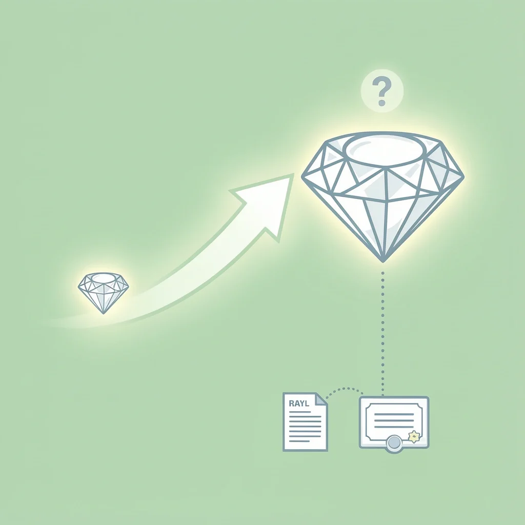 Helzberg Trade-Up Program Analysis Small diamond on left transforming into larger diamond via upward arrow path with receipt and certificate icons below