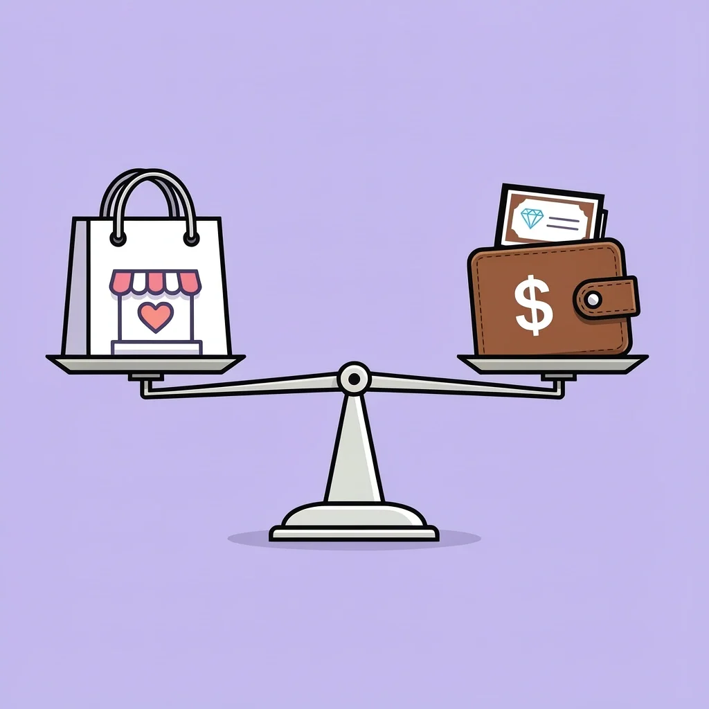 Helzberg Buyer Decision Guide Balance scale with store and heart icons on one side, wallet and certificate icons on the other side