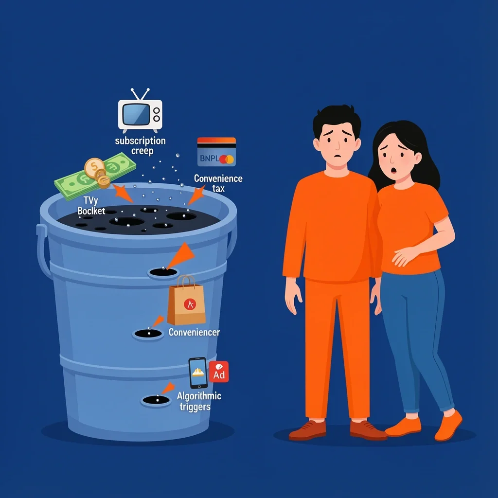 Hidden Budget Leaks A leaky bucket with money flowing out, each hole labeled with icons for subscription creep, BNPL, convenience tax, and algorithmic spending triggers.