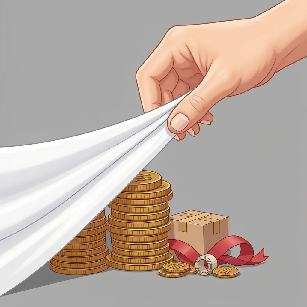 Hidden Christmas Costs Budget Layer A hand pulling back a curtain to reveal hidden coins, a ribbon, and a shipping box under a stack of visible coins, representing forgotten Christmas expenses.
